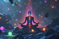 A person meditating with glowing chakras background cosmic energy.