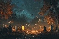 Background with a starry Halloween night in graveyard atmosphere tombstones halloween.