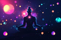 Meditating figure with an aura and energy lights art background.