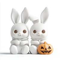 Two cute white bunnies halloween pumpkin bunny.