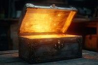 Vintage open wooden chest treasure glowing light.