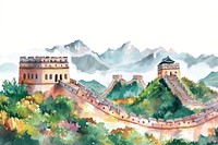 Great Wall of China architecture illustration watercolor.