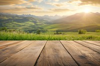 Wooden table with a blurred background countryside landscape wood.