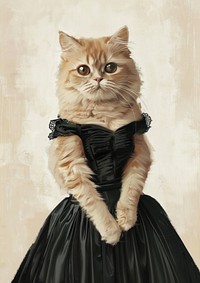 A female orange persian shorthair cat wearing a spaghetti strap dress black dress as in painting Madame X by Singer Sargent animal portrait human.