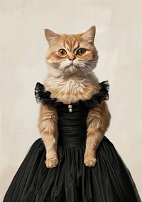 A female orange persian shorthair cat wearing a spaghetti strap dress black dress as in painting Madame X by Singer Sargent portrait animal human.