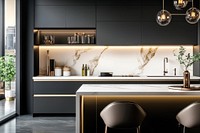 Modern luxury kitchen interior with black cabinets accessories apartment lighting.