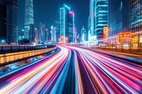 Speed light trails city architecture skyscrapers.