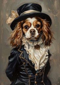 Cavalier King Charles Spaniel costumes wearing victorian fashion outfit painting portrait animal.