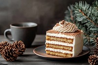 Delicious layered cake with white cream and cinnamon on top cup tiramisu dessert.