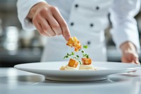 Chef plating up an exquisite dish on a white plate professional presentation food.