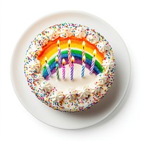 A pound of cute color birthday cake with sugar rainbow sparkle and candles on top of it on the white dish dessert celebration sprinkles.