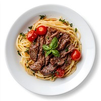 A beef steak pasta on a white dish food photography meal.