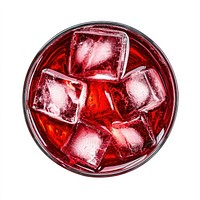 A glass of red drink whiskey and ice beverage view top.