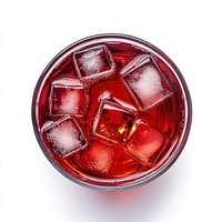 A glass of red drink whiskey and ice beverage view top.