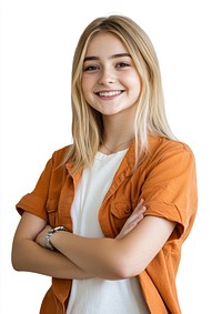 A teenage blonde woman smile and cross the arms over the chest wearing earth tone orange shirt over white t-shirt portrait photography background.