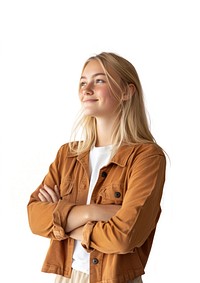 A teenage blonde woman smile and cross the arms over the chest wearing earth tone orange shirt over white t-shirt portrait photography background.