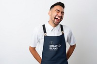 Barista laughing in branded apron mockup