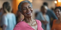 Smiling senior black woman dancing laughing accessories accessory.