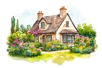 English cottage with garden art illustration watercolor.