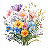 Small bouquet of colorful flowers in grass art illustration watercolor.