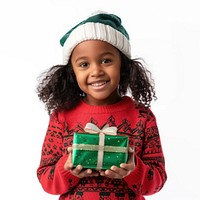 A cute African American girl wearing a red Christmas sweater background christmas smiling.