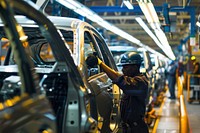 Black Engineer worker manufacturing factory car.