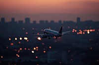 Airplane in flight at twilight lights city transportation.