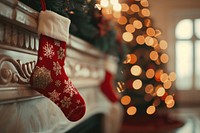 Red christmas pattern sock on fireplace mantle stockings holiday decor.