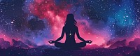 Woman sitting yoga pose background galaxy night.