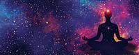 Woman sitting yoga pose background galaxy stars.