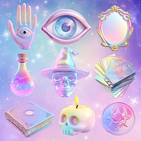 3D iridescent mystic witchcraft design element set