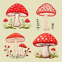 Colorful embroidered mushroom  design element psd set