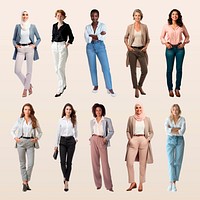 Diverse professional women outfits design element psd set