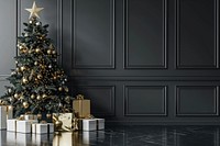 Dark color wall with a Christmas tree christmas elegant gifts.