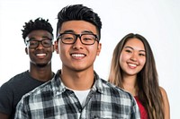 Multiethnic students glasses smiling person.