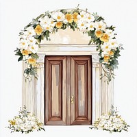 An ancient greek wedding door with white and yellow flowers architecture arched wreath.