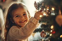 Daughter decorate the house christmas tree festive smiling happy.