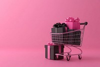 Shopping cart and gift box background pink accessories.