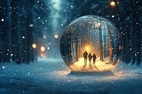 A snow globe person forest night.