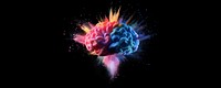 A colorful powder explosion in the shape of a brain on a black background illustration creative colors.