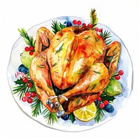 An isolated christmas turkey dish food illustration watercolor.