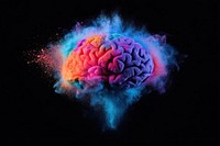 A colorful cloud of powder forms the shape of an anatomical human brain on a black background colors illustration accessories.