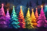 Magical colorful forest christmas trees background.