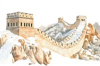 Great Wall of China landmark illustration watercolor.