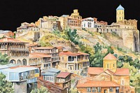 Tbilisi in Georgia architecture illustration watercolor.