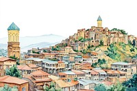 Tbilisi in Georgia architecture illustration watercolor.