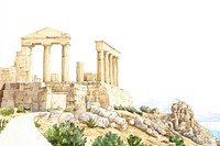 Acropolis of Lindos Rhodes island Greece architecture illustration watercolor.