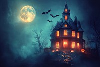 Halloween background house moon pumpkins.