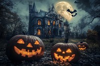 Halloween background pumpkins haunted moon.