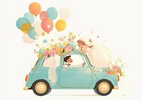 A cute wedding mini car adorned with flowers and balloons art illustration vehicle.